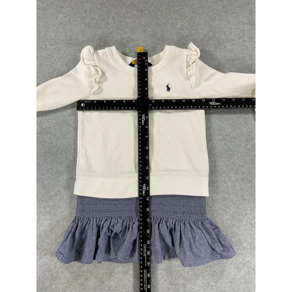 Polo Ralph Lauren Girls Cream Ruffle Sweatshirt Dress Chambray Skirt Size 5 2730